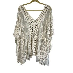 Belle France Crochet Knit Top M Cream Floral Coastal Cottage Classic Chic Retro